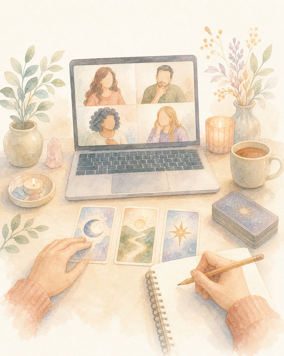 Clase online en grupo con cartas de tarot y ejercicios prácticos